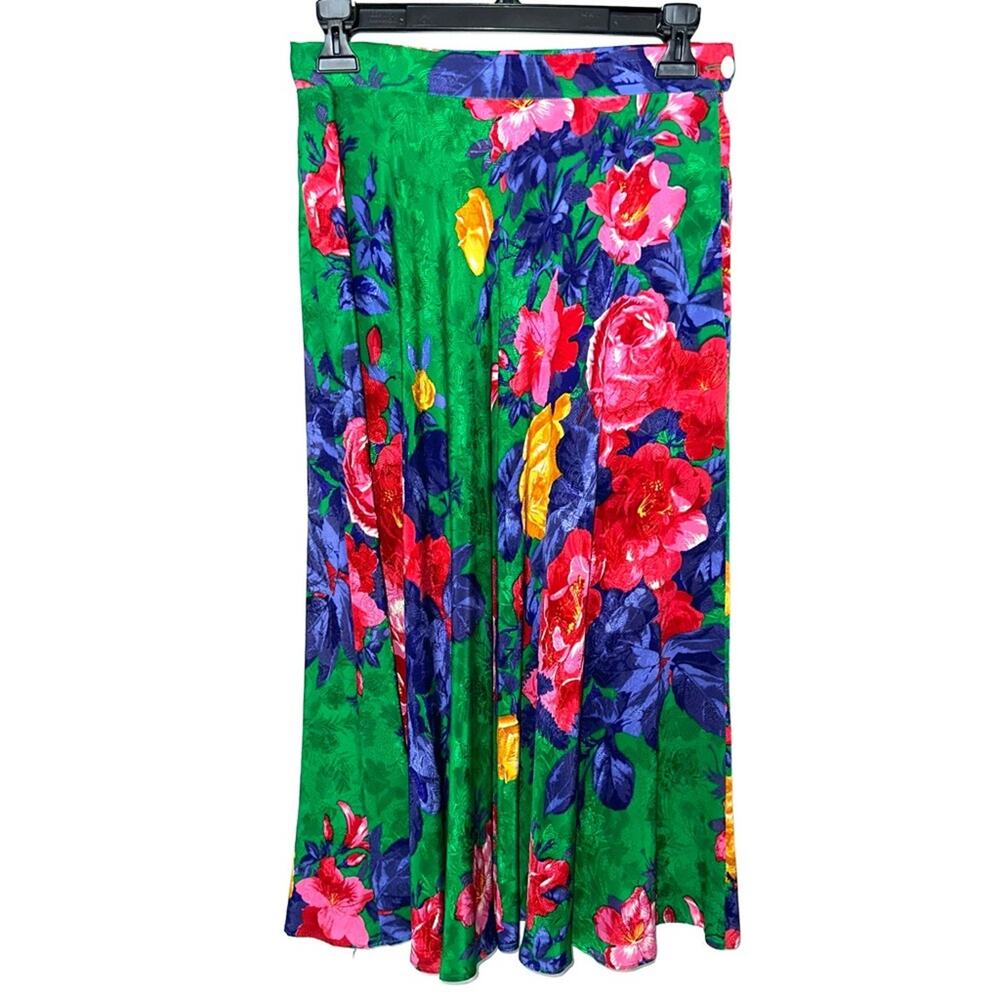 Vintage Green Floral A-Line Skirt with Red, Purple & Yellow Accents